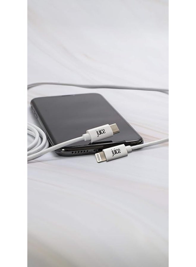 جوس كابل JUICE من USB-C إلى Apple Lightning، مصنوع من مادة TPE قابلة لإعادة التدوير بنسبة 100%، معزز بتقنية الشحن ونقل البيانات، معتمد من MFI للشحن السريع، متوافق مع أحدث الموديلات: iPhone 16، 15، 14، 13، 12، 11 Pro Max، XR، XS، X، 8، SE، وiPad، طوله 1 متر، لونه أبيض. - Image 3